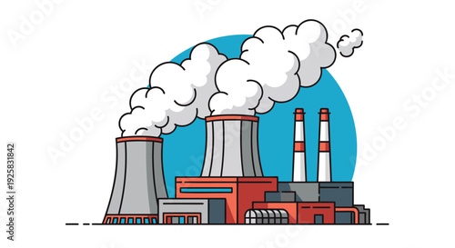 Industrial power plant vector illustration showing cooling towers emitting thick white smoke against a blue sky background, representing energy production, factory manufacturing, and environmental emi