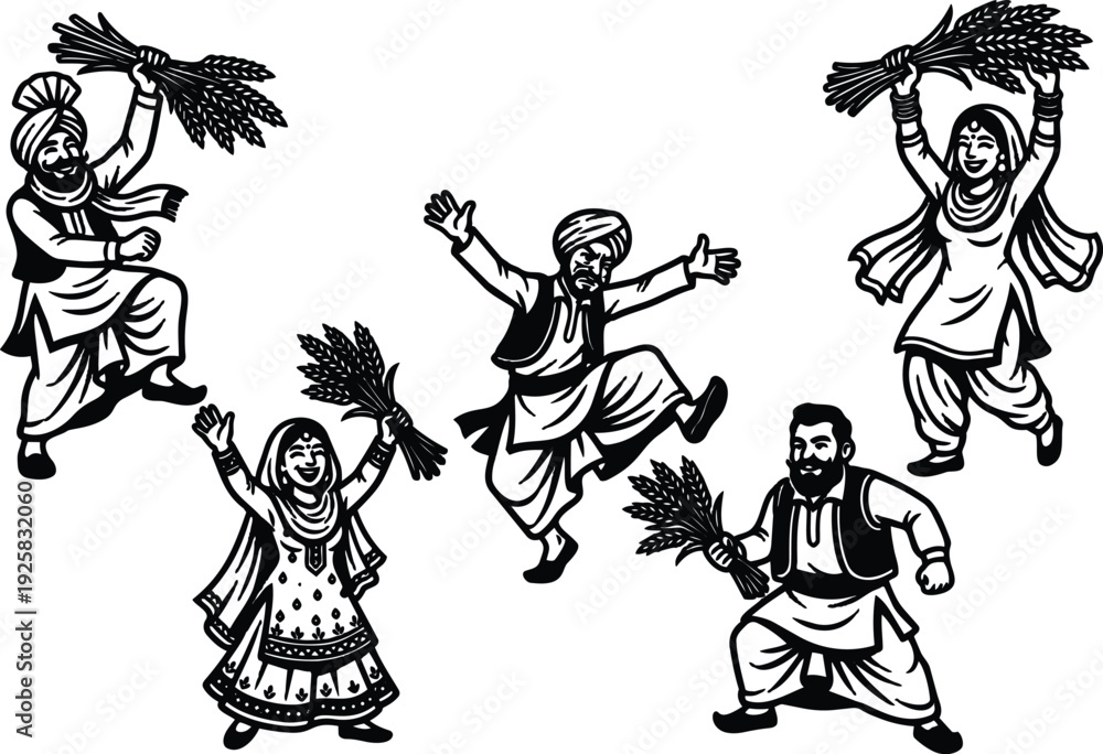 Fototapeta premium Line art vector joyful bhangra dancers holding wheat sheaves celebrating vaisakhi harvest festival traditional punjabi costumes energetic male female