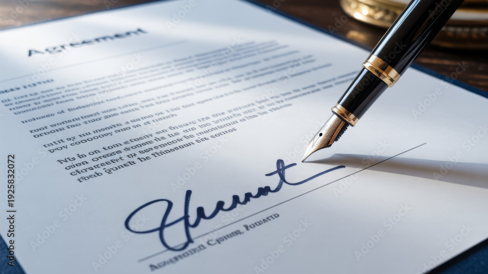 Fototapeta premium Businessman signing important agreement document with fountain pen