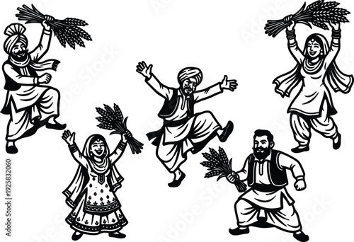 Line art vector joyful bhangra dancers holding wheat sheaves celebrating vaisakhi harvest festival traditional punjabi costumes energetic male female