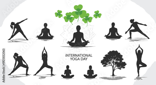 International Yoga Day icon set, 10 yoga poses, green leaves and tree silhouettes