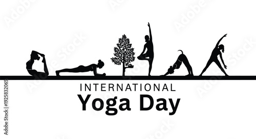 International Yoga Day vector icon set with yoga poses and tree