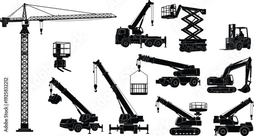 Collection of heavy lifting machinery silhouettes featuring tower cranes mobile hydraulic cranes scissor lifts and industrial engineering equipment isolated on white background for construction