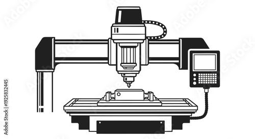 CNC milling machine illustration showing an automated industrial manufacturing process with a digital control panel and precision drill head in a clean black and white vector style.