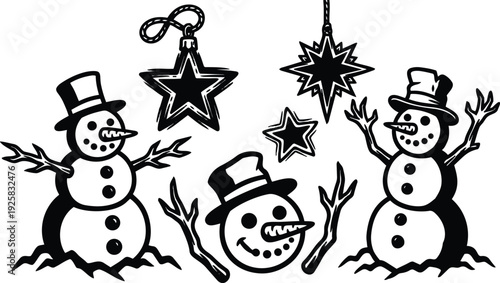 Tattoo flash black and white snowman trio with hanging star ornaments smiling face low angle christmas top hat carrot nose