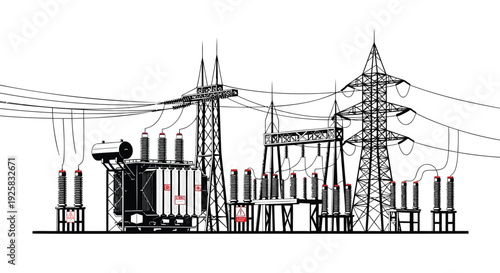 Electrical substation and high voltage power grid illustration featuring transformers, transmission towers, and electrical lines in a clean black and white hand-drawn vector style for industrial energ