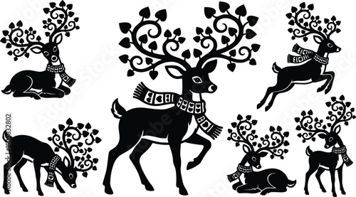 Folk art silhouette reindeer with ornate leafy antlers wearing patterned scarf resting jumping and standing in christmas winter vector set