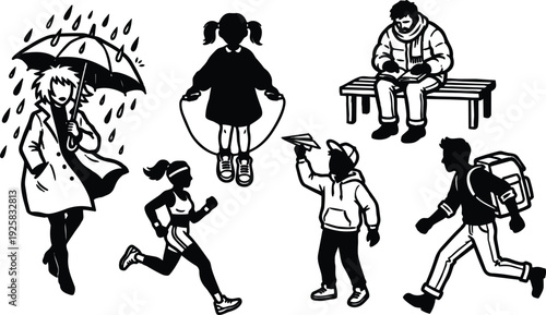 Silhouette vector composition showing diverse figures walking running jumping skipping reading and playing with umbrella and paper plane casual black