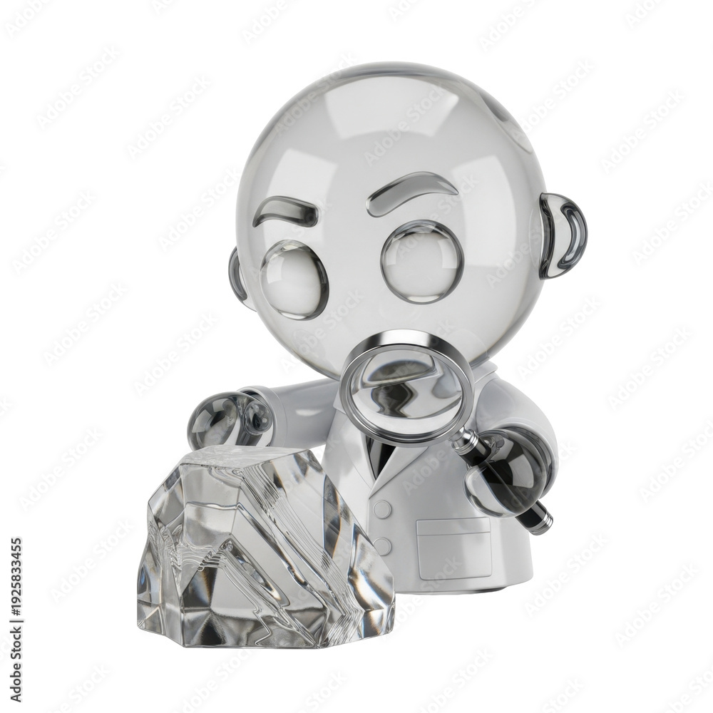 Naklejka premium Cartoon scientist examining crystal with magnifier