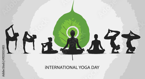 International Yoga Day icon set, 7 yoga poses, green leaf logo. Created in flat style with black and green colors.