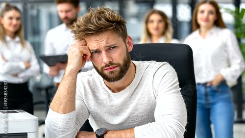 A man in a light shirt looks stressed, surrounded by colleagues. Office setting, focus on the man