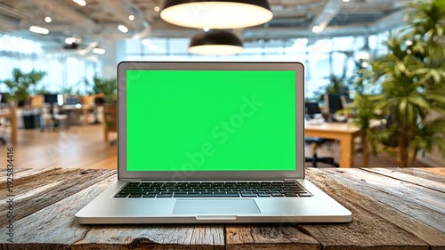 Laptop on a rustic wooden table, green screen display, open office background