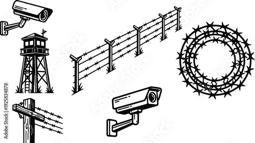Line art close up surveillance cameras barbed wire watchtower fence and post set vector icons in bold outline isolated black
