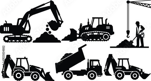 Silhouette vector set showing excavator bulldozer backhoe dump truck crane and construction worker in side view black flat icon simple