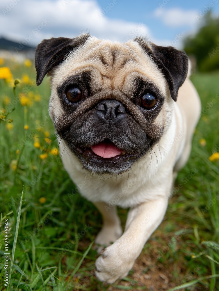 Obraz premium Adorable pug dog playfully walking on grassy field outdoors