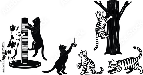 Line art close up group of playful cats climbing scratching post and tree with yarn toys in simple studio composition