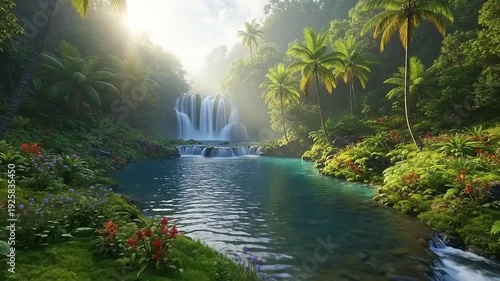 Tropical Jungle Waterfall Serene Landscape Scene.