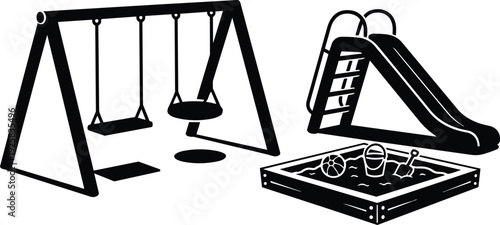 Flat design black playground equipment set with two swings slide sandbox side view simple vector silhouette isolated on white background