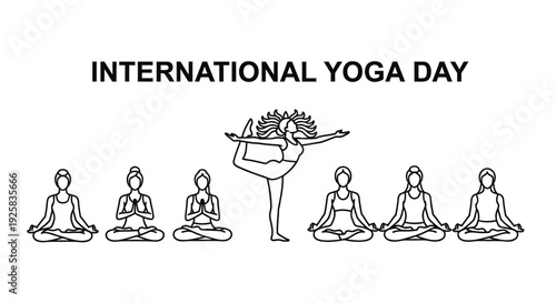 International Yoga Day icon set, includes yoga poses and sun symbol, created in line style with black and white color palette