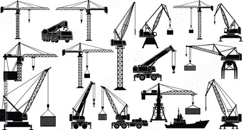 Heavy construction crane silhouettes set, industrial machinery icons for building site, tower cranes, mobile hydraulic lifters, harbor cargo ships, and engineering equipment vector
