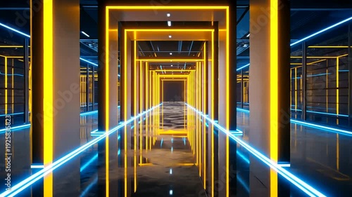 Long hall with glowing pillars and frames reflected in a polished floor