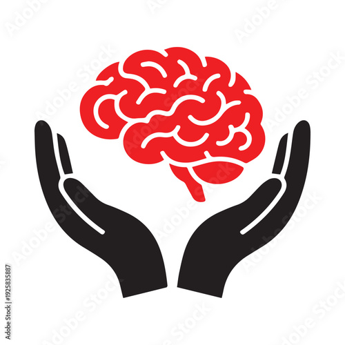 Minimalist vector icon of two black hands gently holding a red human brain, symbolizing mental health care, psychology, intelligence, and brain protection