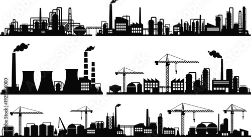 Industrial factory skyline silhouettes with manufacturing plants, power stations, cooling towers, oil refineries, construction cranes, warehouses, chimneys, and smoke for urban engineering design
