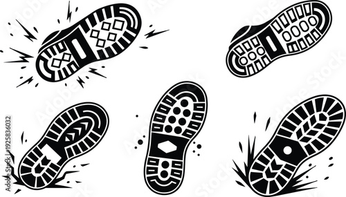 Stencil style close up boot sole imprint multiple angled black vector stamps dynamic impact marks top view kicking motion ground