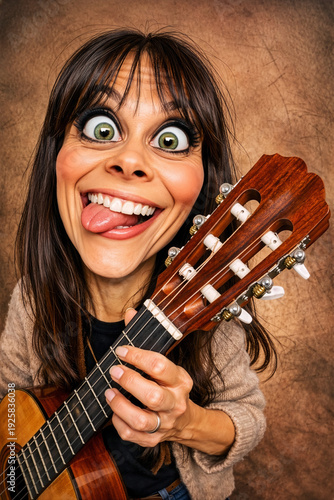 Funny female guitarist making silly face – exaggerated caricature portrait with acoustic guitar