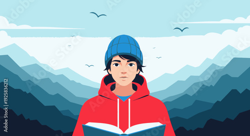 A young man, dressed in a warm blue beanie and red hoodie, sits calmly immersed in a book against a serene backdrop of layered blue mountains and a clear sky.