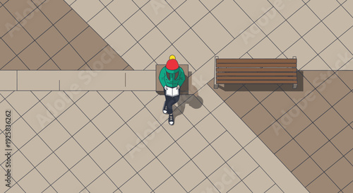 Vibrant, high-angle illustration depicts a person in a green jacket and red hat walking on a patterned urban sidewalk, passing a wooden bench.
