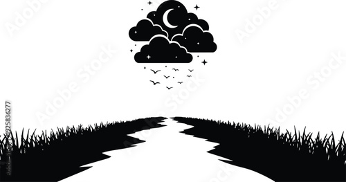 Minimalist silhouette vector nocturnal low angle winding path between tall grass under crescent moon cloud and flying birds looking away