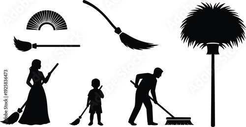 Vector silhouette low angle cleaning scene with woman child and man sweeping with brooms and feather duster white background minimal