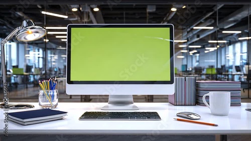 Desktop computer with green screen on white desk in an office