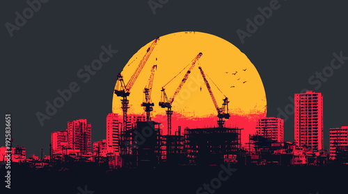 Silhouette cityscape with construction cranes, a vibrant sun, and flying birds