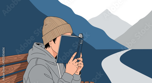 A solitary individual engrossed in reading a captivating book while comfortably seated on a rustic wooden bench amidst a serene, mountainous outdoor landscape.