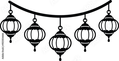 Minimalist vector silhouette close up of five hanging lanterns on a curved cord looking straight on black and white flat
