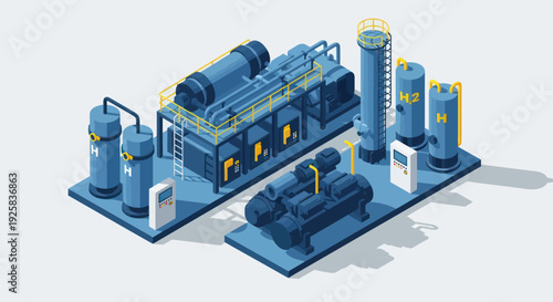 Industrial machinery and equipment complex isometric illustration.