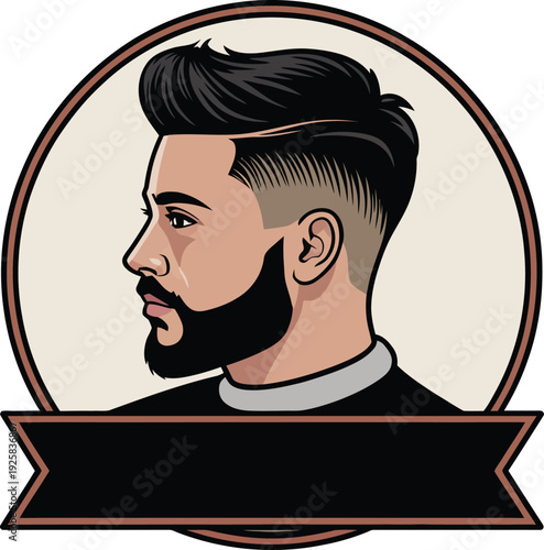 Taper low fade haircut modern barber profile portrait badge style artwork