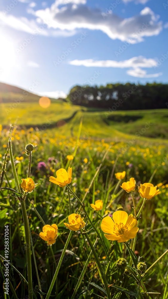 Fototapeta premium Sunny meadow with buttercups in the foreground, rolling hills and sky behind
