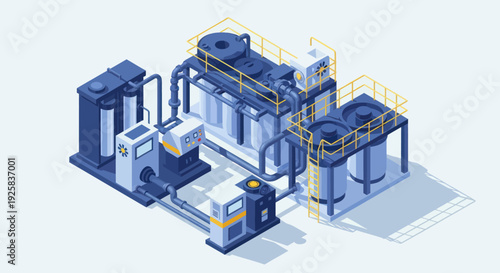 Industrial machinery complex with interconnected units and pipes.
