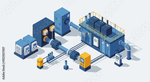 Industrial machinery complex with pipes and control panels.