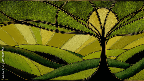 Stained glass depiction of a tree in a landscape of green hills and fields under a stylized sky