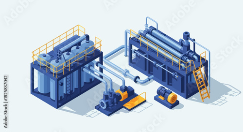 Industrial machinery complex with pipes and pumps.