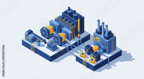 Industrial machinery complex with pumps and motors isometric view.