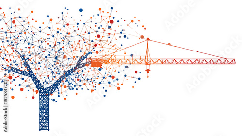 A graphical representation of a tree and a crane, connected by nodes. Colors orange, blue