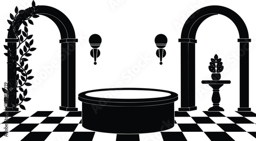Flat vector silhouette bath fountain with arched columns checker floor vine wrapped column pedestal plant wall sconces low angle monochrome