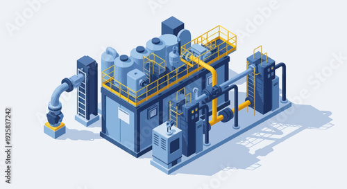 Industrial Manufacturing Plant Equipment Isometric View.