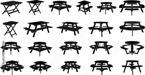 Picnic table silhouettes with outdoor wooden benches, folding garden furniture, round patio tables, park seating sets, backyard dining equipment, and rustic summer furniture