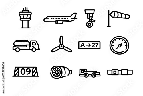 Aviation and airport line icon set featuring airplane control tower windsock fuel truck propeller jet engine and runway equipment